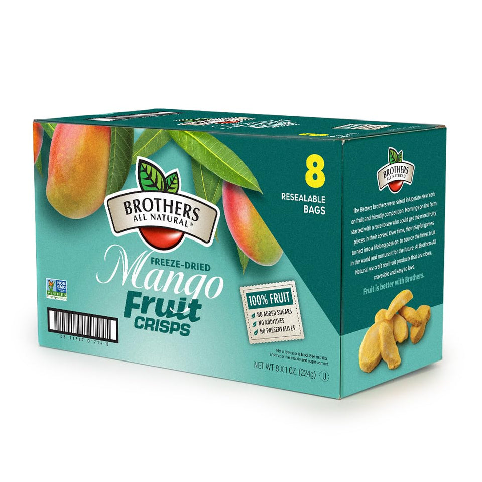 Brothers All Natural mango crisps pack-front with eight resealable pouches.