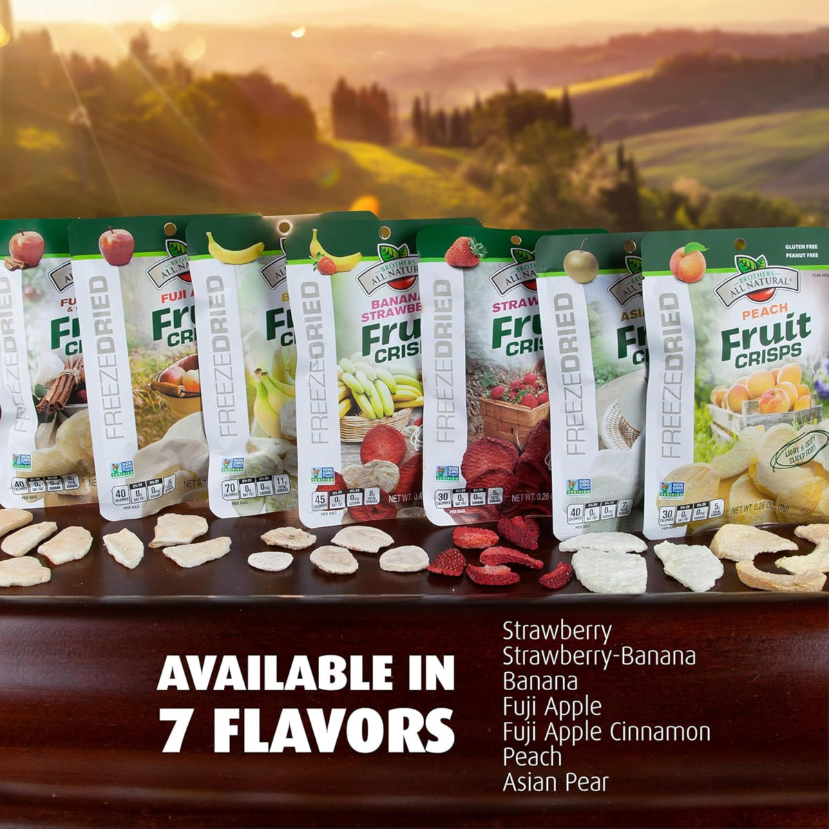 Brothers All Natural resealable pouch keeps Fuji crisps fresh for snacking.