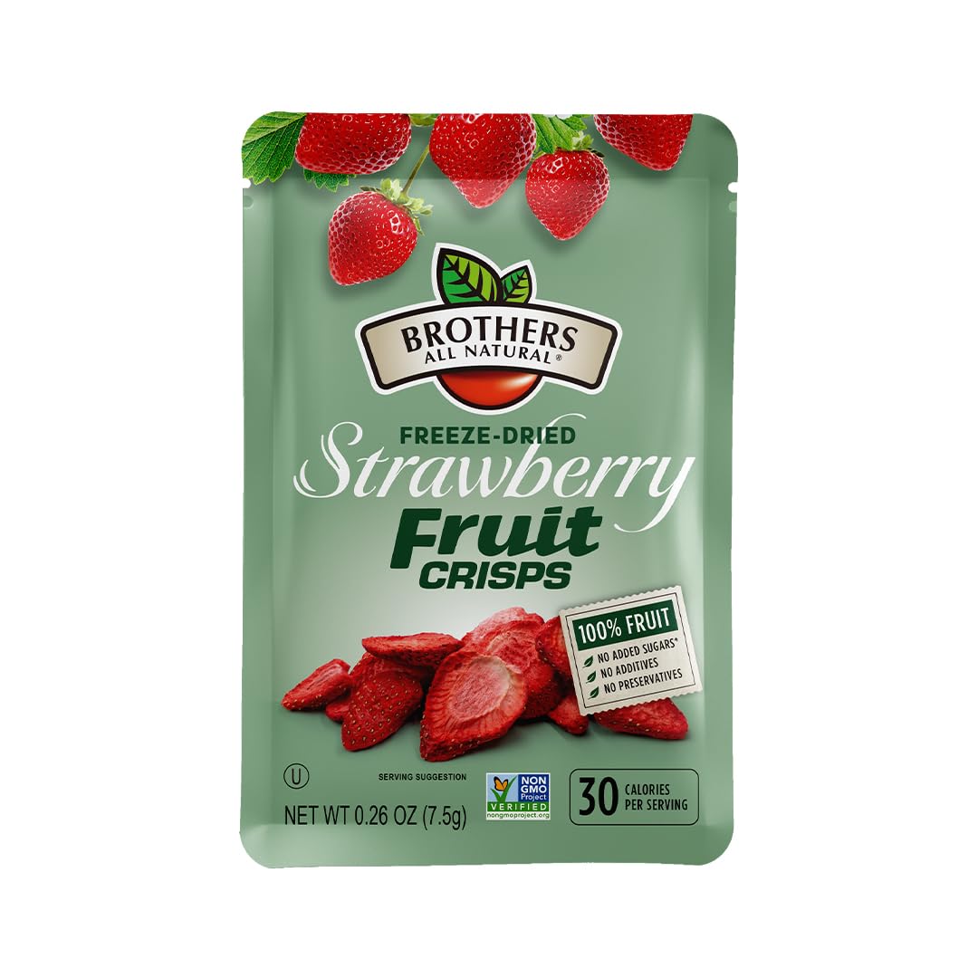 Brothers All Natural Freeze-Dried Strawberries close-up highlighting vibrant fruit and gluten-free snacking.