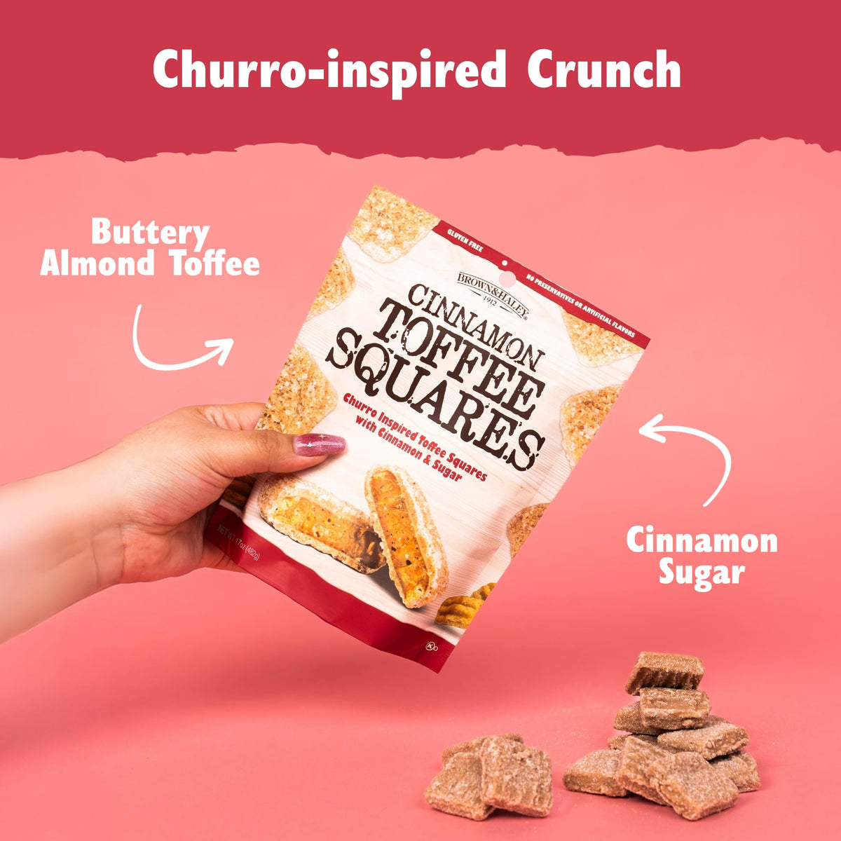 Brown & Haley Cinnamon Toffee Squares churro-inspired surface, perfect with coffee.