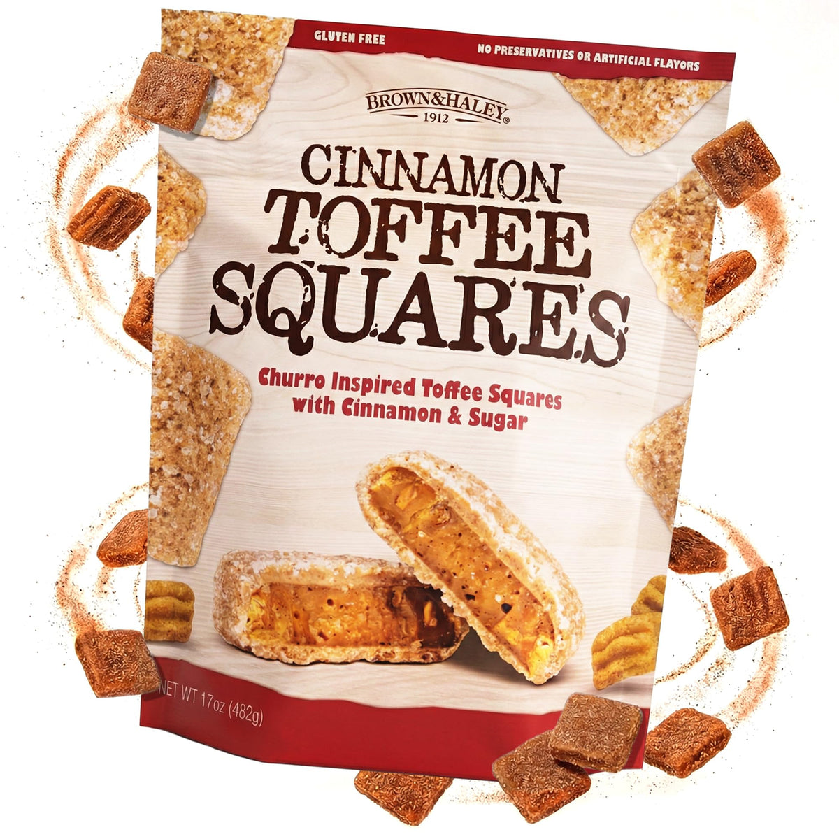 Brown & Haley Cinnamon Toffee Squares packaging closeup, ideal for gifting.