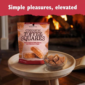 Brown & Haley Cinnamon Toffee Squares with tea pairing for a cozy break.