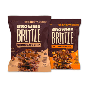 Brownie Brittle Chocolate Chip bags showcase crispy bites with rich brownie flavor for snacking.