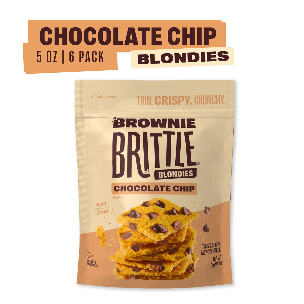 Brownie Brittle Chocolate Chip Blondie with crisp edges highlighted as a crunchy snack.