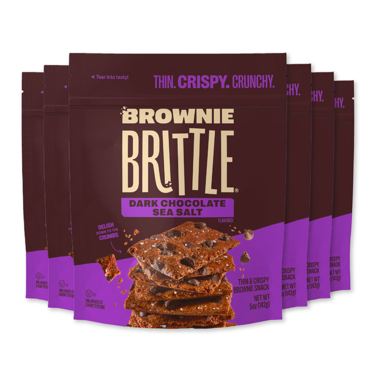 Brownie Brittle dark chocolate sea salt pack with six 5 oz bags for convenient snacking.