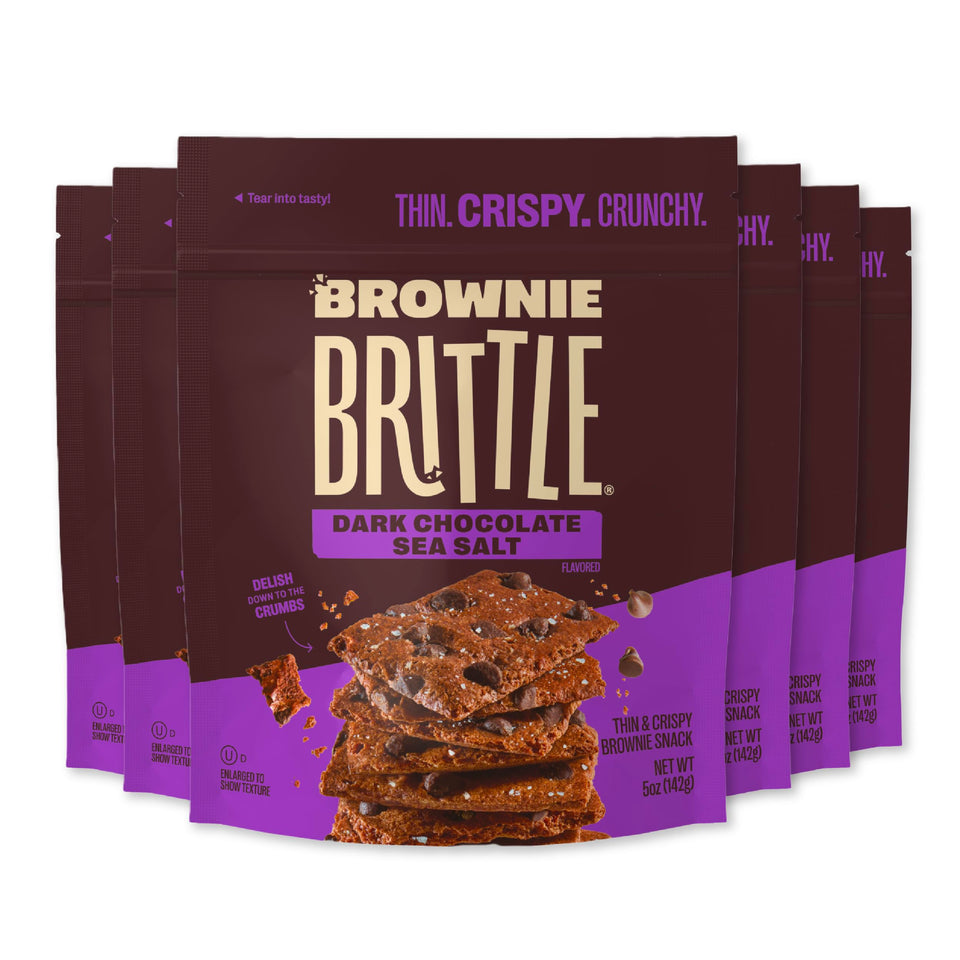 Brownie Brittle dark chocolate sea salt pack with six 5 oz bags for convenient snacking.