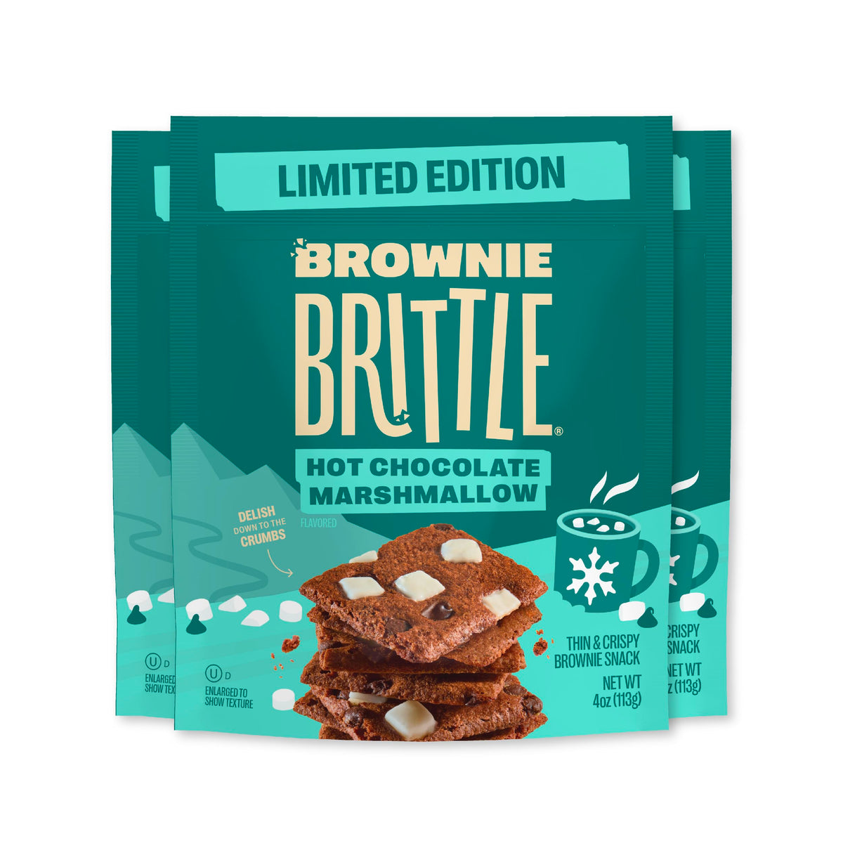 Brownie Brittle Hot Chocolate Marshmallow bags show three-pack snacking option.