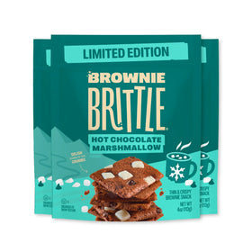 Brownie Brittle Hot Chocolate Marshmallow bags show three-pack snacking option.