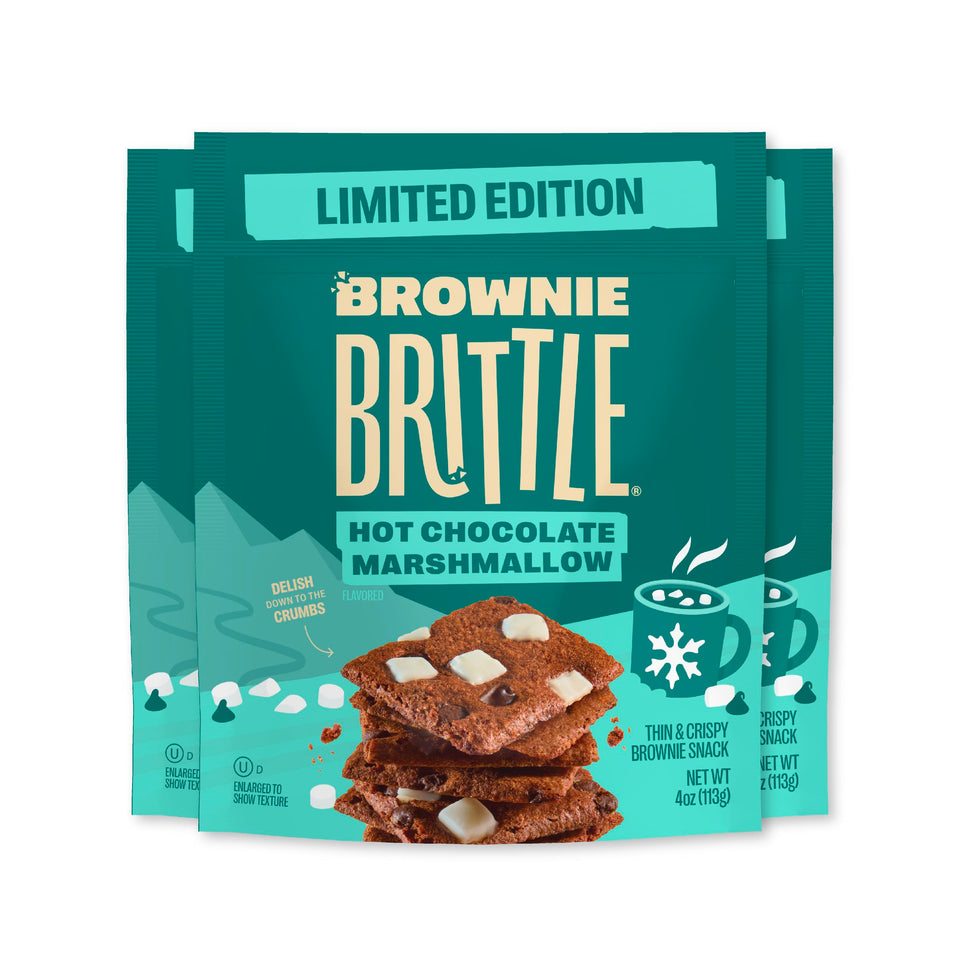 Brownie Brittle Hot Chocolate Marshmallow bags show three-pack snacking option.