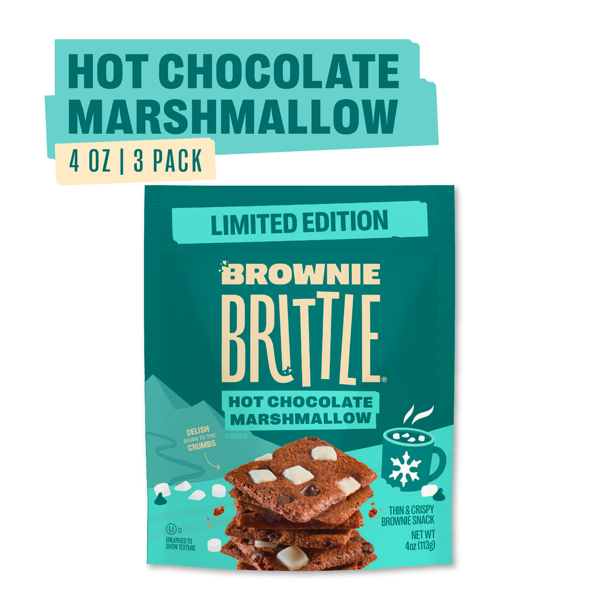 Three 4 oz Brownie Brittle bags on display for convenient, on-the-go treats.