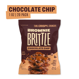 Brownie Brittle Original Chocolate Chip 1oz bag close-up shows crisp chocolate crunch