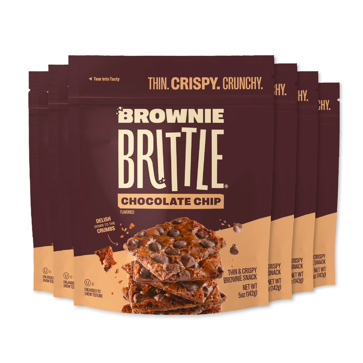 Brownie Brittle Original Chocolate Chip bag showing crisp edges for a snackable bite
