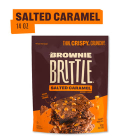 Close-up of Brownie Brittle Salted Caramel bags highlighting crisp edges and caramel chips.