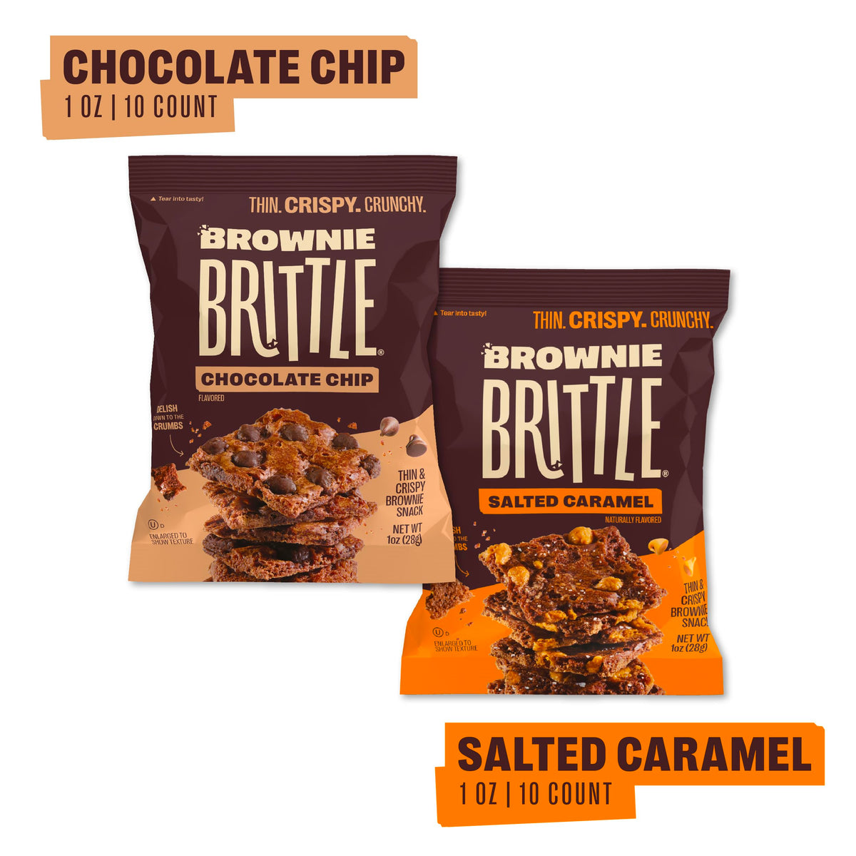 Brownie Brittle Salted Caramel bags highlight caramel chips and sea salt for balanced sweetness.