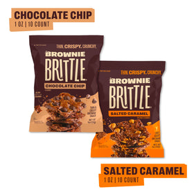 Brownie Brittle Salted Caramel bags highlight caramel chips and sea salt for balanced sweetness.
