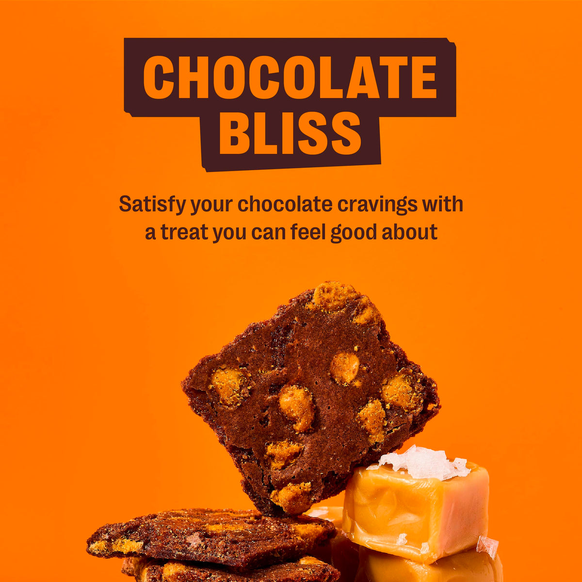 Crispy edge detail of Brownie Brittle Salted Caramel, a crunchy chocolate bite.