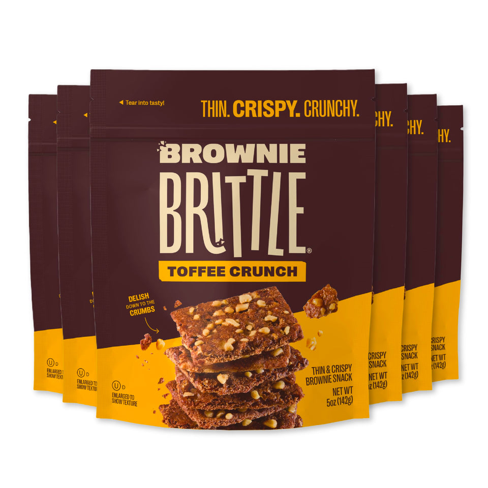 Brownie Brittle Toffee Crunch bag front highlights gift-ready packaging and party-ready snack.