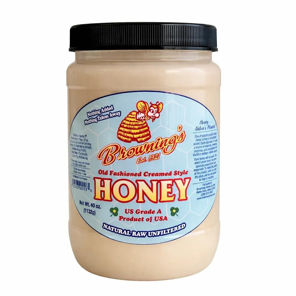 Brownings Creamed Honey jar top view for smooth spreading and premium flavor.