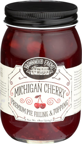 Brownwood Farms Michigan Cherry Pie Filling in a jar, ready to bake.