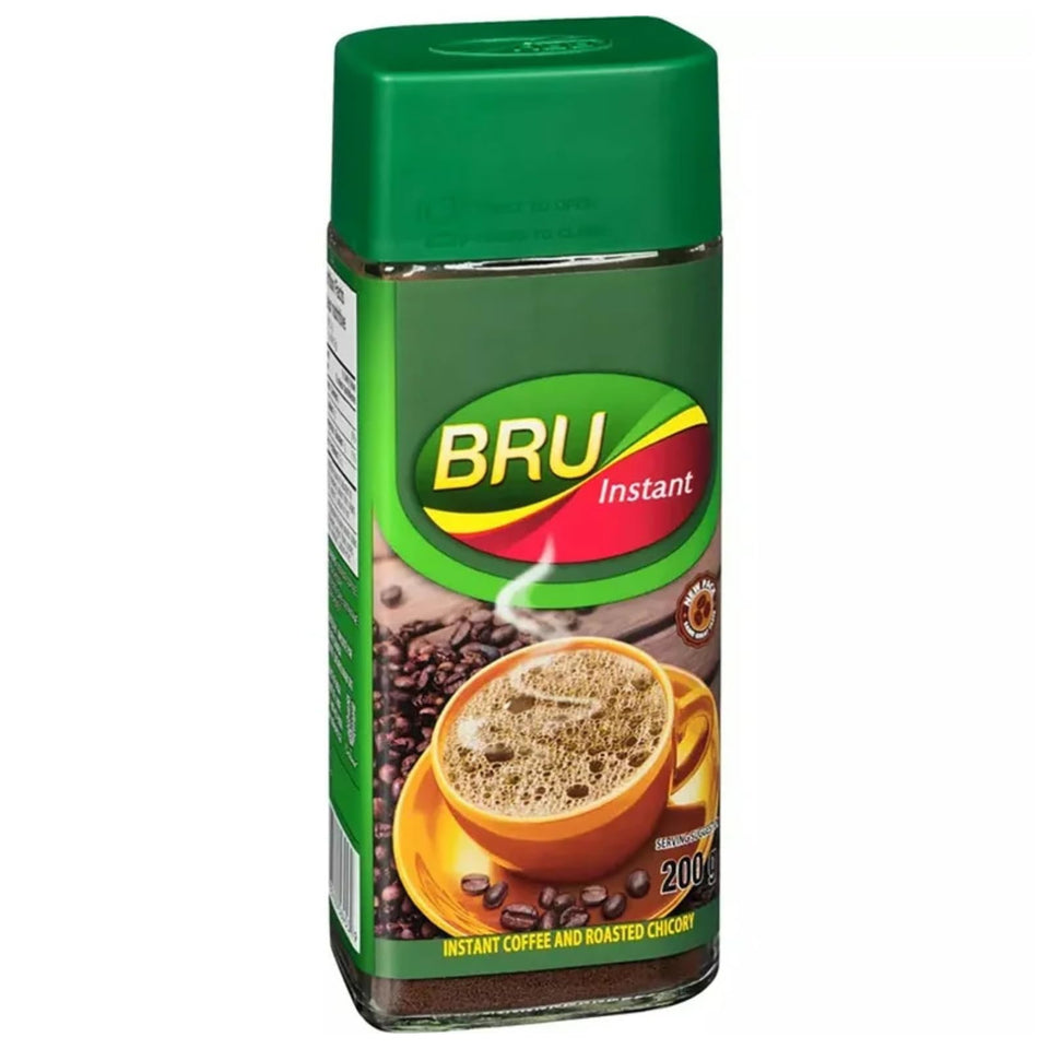 Bru Instant Coffee 7oz jar front showing compact packaging and rich aroma.