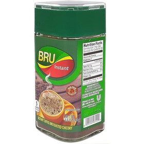 Bru Instant Coffee chicory blend label highlights deep, smooth flavor.