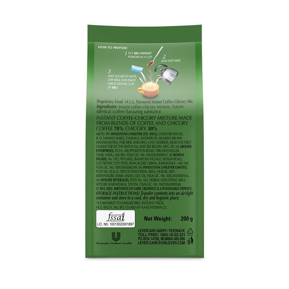 Bru Instant Coffee Refill 200g pack back view with usage notes