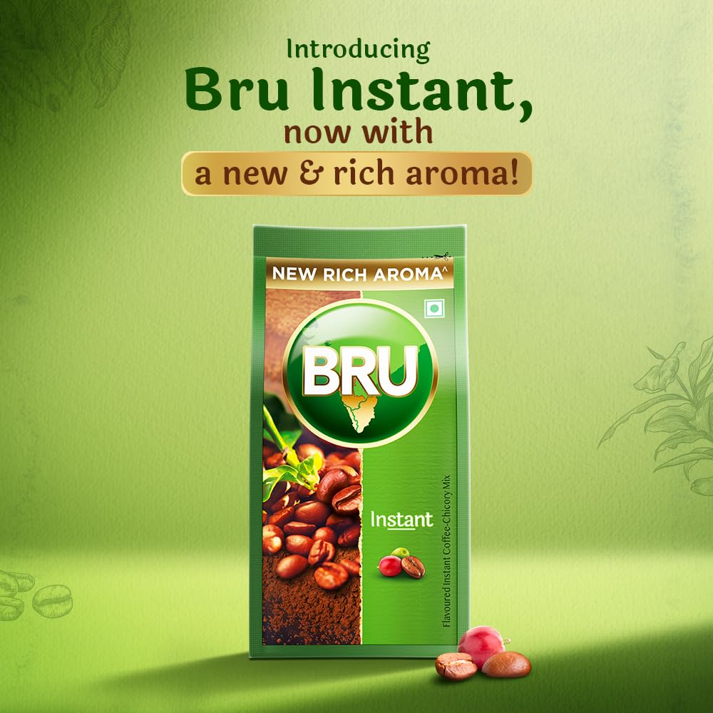 Bru Instant Coffee Refill 200g pack label close-up highlighting aroma tips