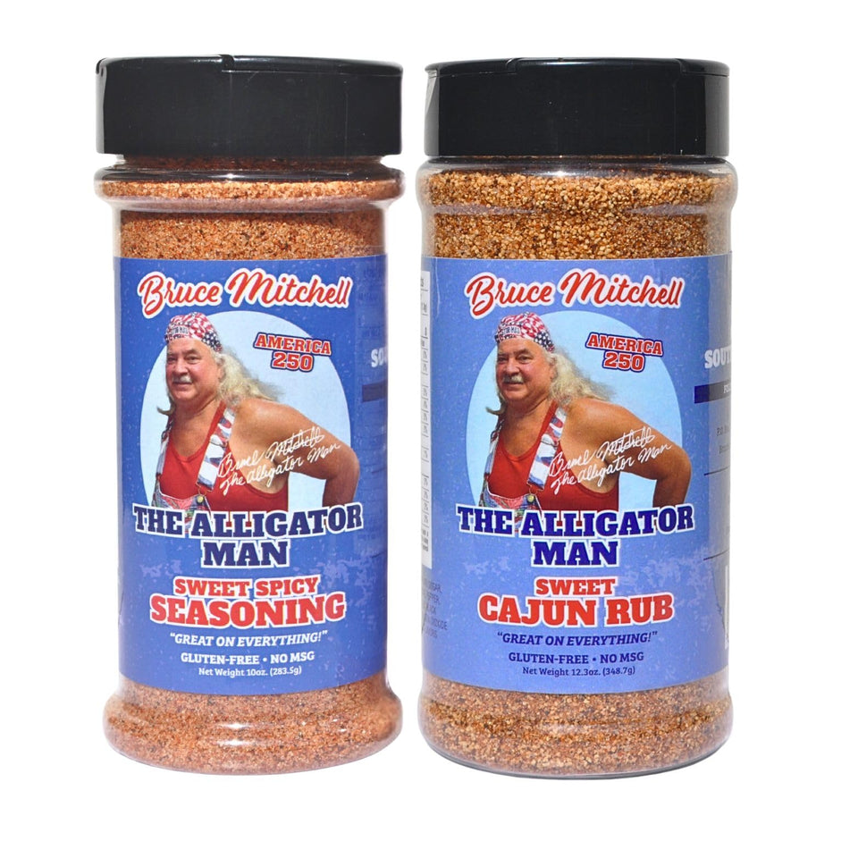Bruce Mitchell Alligator Man Sweet Cajun Rub bottle for bold grilling flavor
