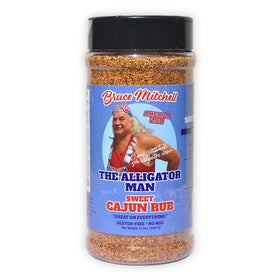 Bruce Mitchell Alligator Man Sweet Cajun Rub jar ready to boost flavor.