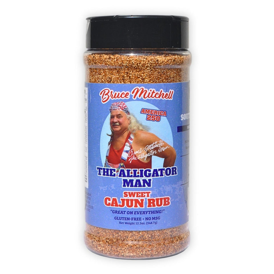 Bruce Mitchell Alligator Man Sweet Cajun Rub jar ready to boost flavor.
