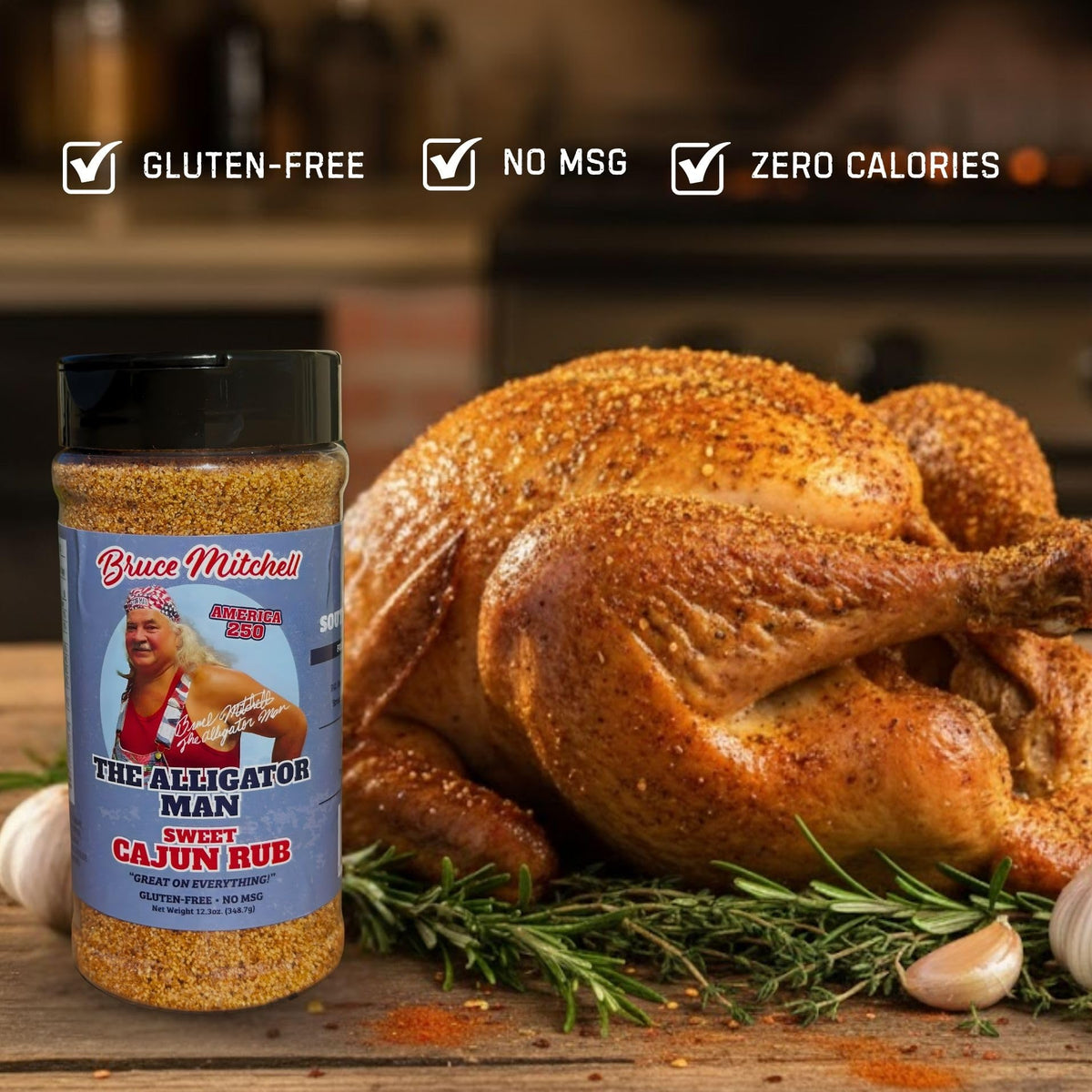 Label on jar highlights gluten-free, no MSG, zero calories for mindful cooks.
