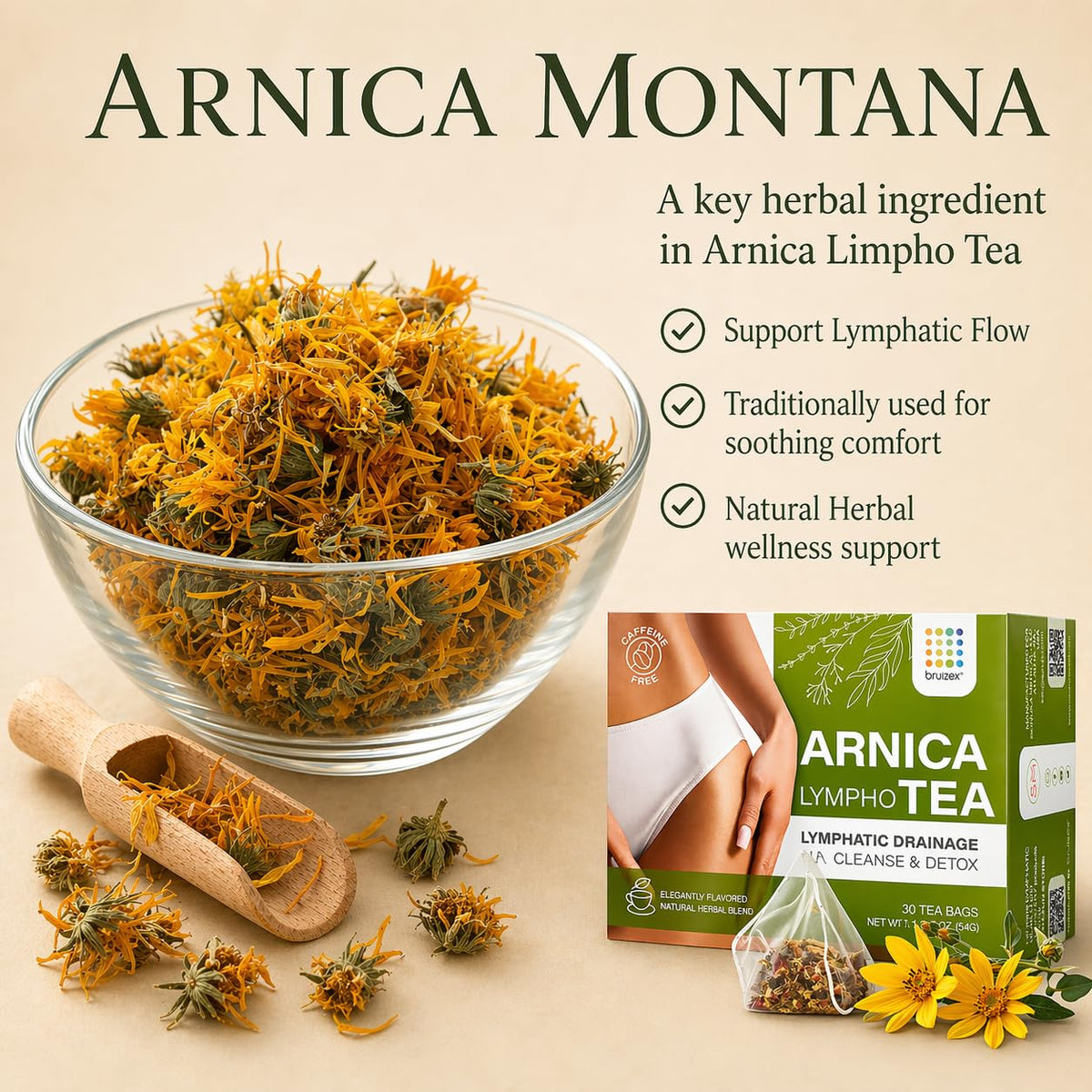 Bruizex Arnica Tea dried herbs closeup highlighting blend