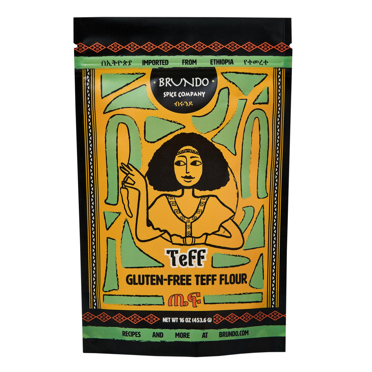 Brundo Ethiopian Teff Flour 16oz bag ready for gluten-free baking.