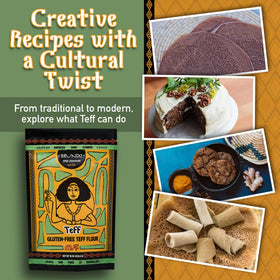 Brundo Ethiopian Teff Flour label close-up showing natural ingredients.