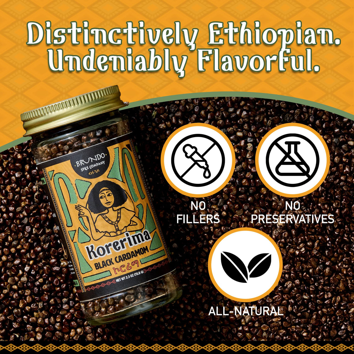 Brundo Market Brundo Korerima packaging label signals all-natural ingredients.