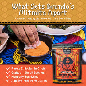 Brundo Mitmita on lentil stew highlighting Ethiopian flavor.