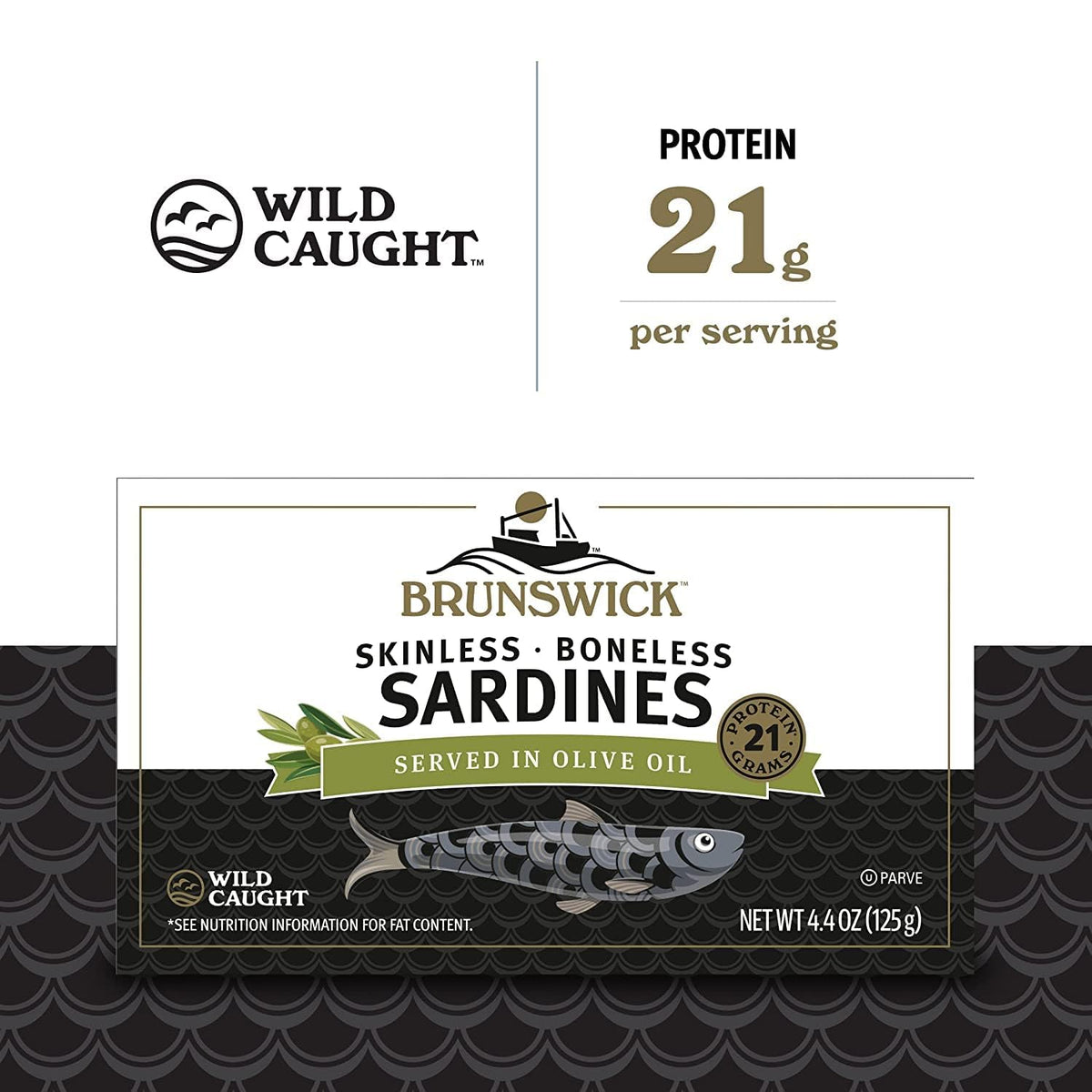 Brunswick boneless skinless sardines in olive oil can for quick meals.