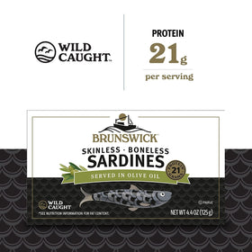 Brunswick boneless skinless sardines in olive oil can for quick meals.
