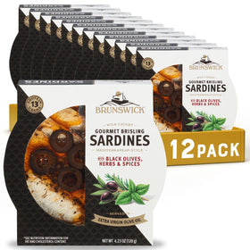 Brunswick brisling sardines with black olives in olive oil for Mediterranean flavor