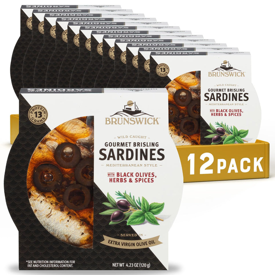 Brunswick brisling sardines with black olives in olive oil for Mediterranean flavor
