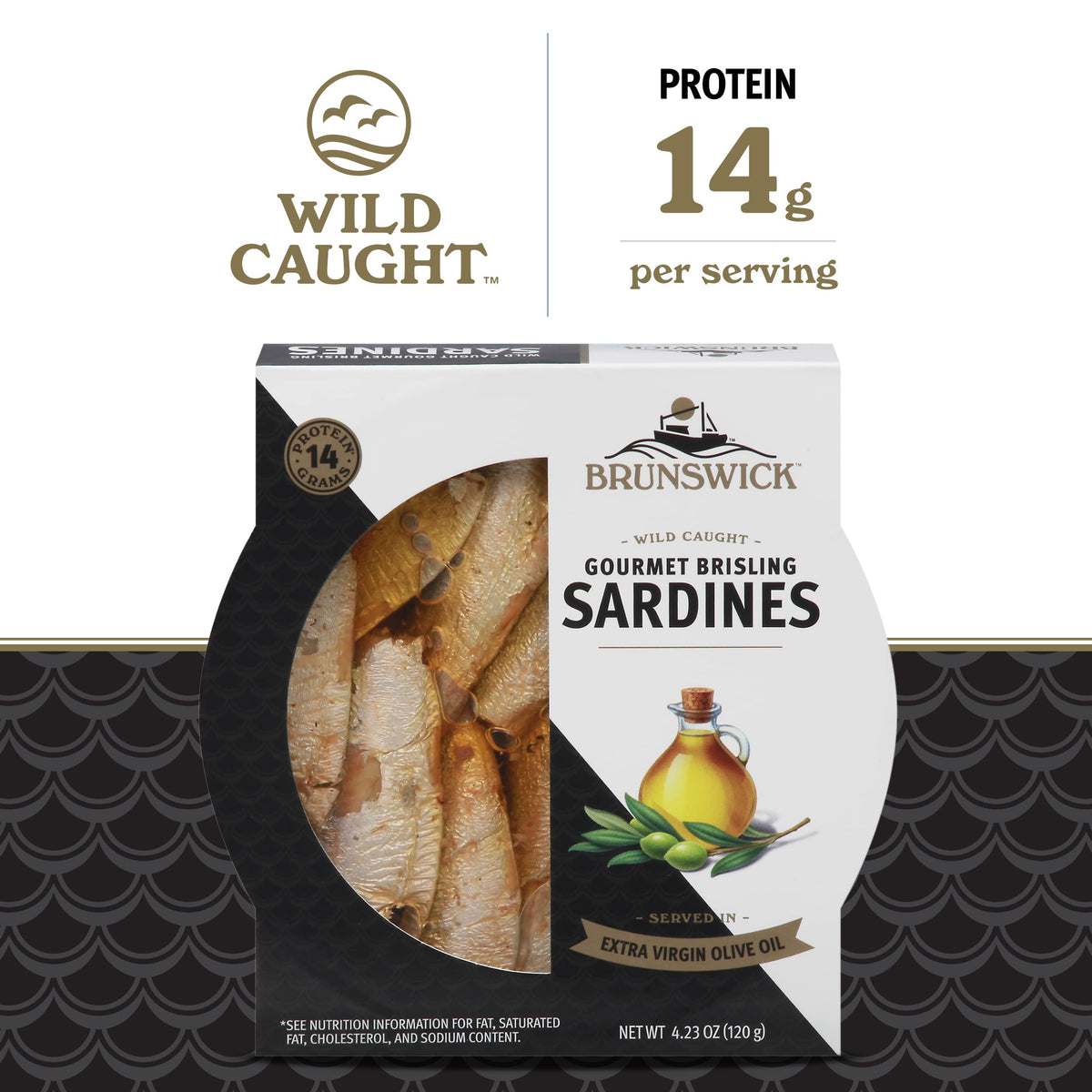 Brunswick hand-packed gourmet sardines in olive oil highlight premium quality.