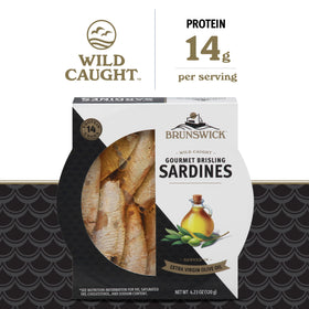 Brunswick hand-packed gourmet sardines in olive oil highlight premium quality.
