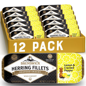 Brunswick herring fillets in lemon and cracked pepper can, protein-packed snack.