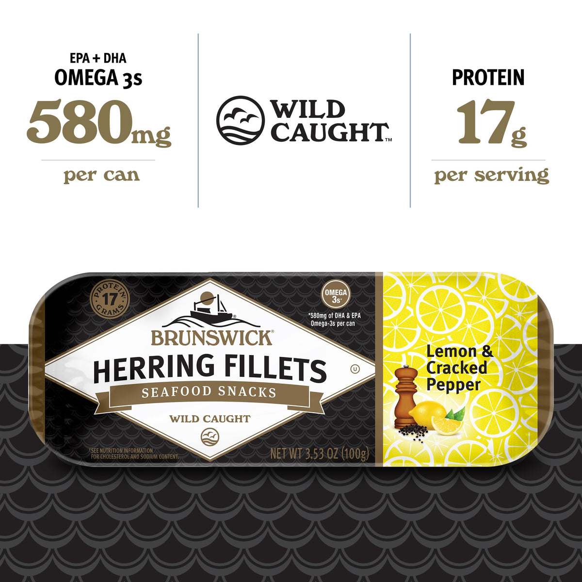 Brunswick herring label close-up, gluten-free and keto-friendly pantry staple.