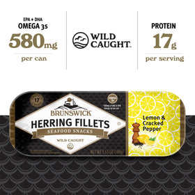 Brunswick herring label close-up, gluten-free and keto-friendly pantry staple.