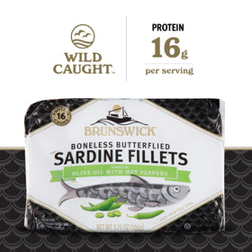 Brunswick boneless butterflied sardine fillets in olive oil for easy portioning