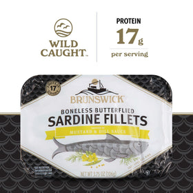 Brunswick sardines boneless fillets served, ideal quick meal or topping.