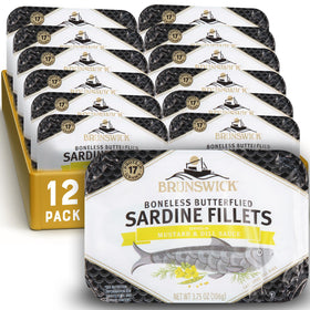 Brunswick sardines in mustard and dill sauce can, protein-packed snack.