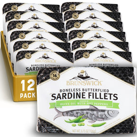 Brunswick sardines in olive oil with hot peppers in a 12-pack for convenient protein snacks