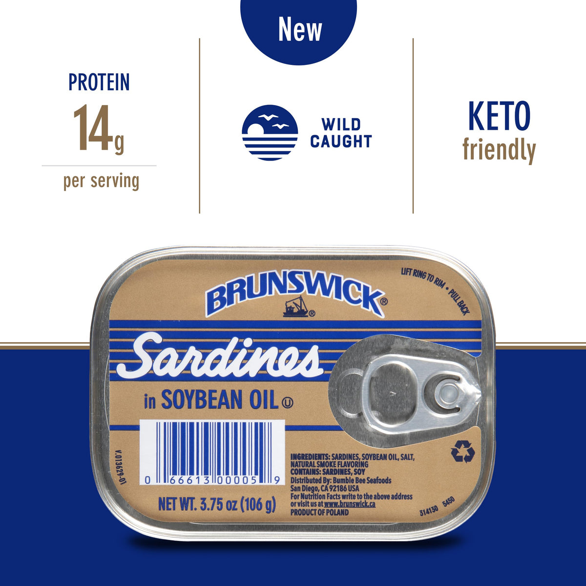 Brunswick sardines soybean oil label; signals quality and tradition.